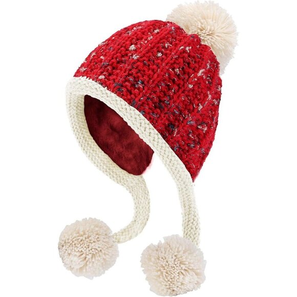 Women Red Beige Winter Peruvian Cover Ears Beanie Hat Ear Flaps Sherpa Ski Snow main image 9
